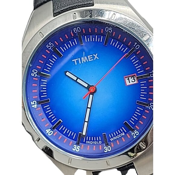 Timex Mens Quartz Watch Blue Face Indiglo WR100M 8" Leather Band 40mm Day VTG - Picture 3 of 15